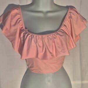 Boatneck sleeveless cropped top, Pink with ruffles. size Small